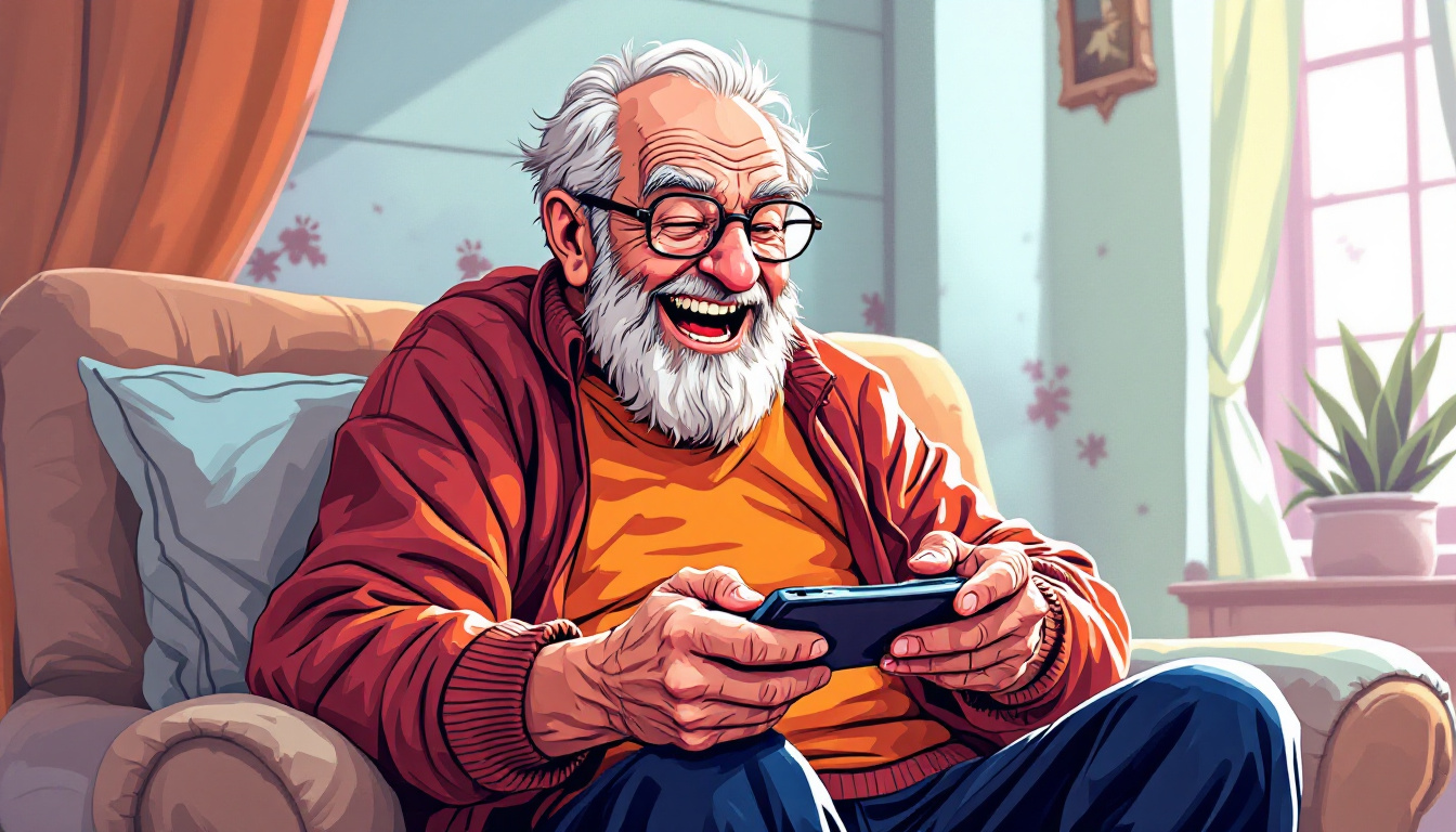 3 Types of Mobile Games That Are Great for Older Adults - Laughing Adult Playing games on Mobile Phone in the living Room